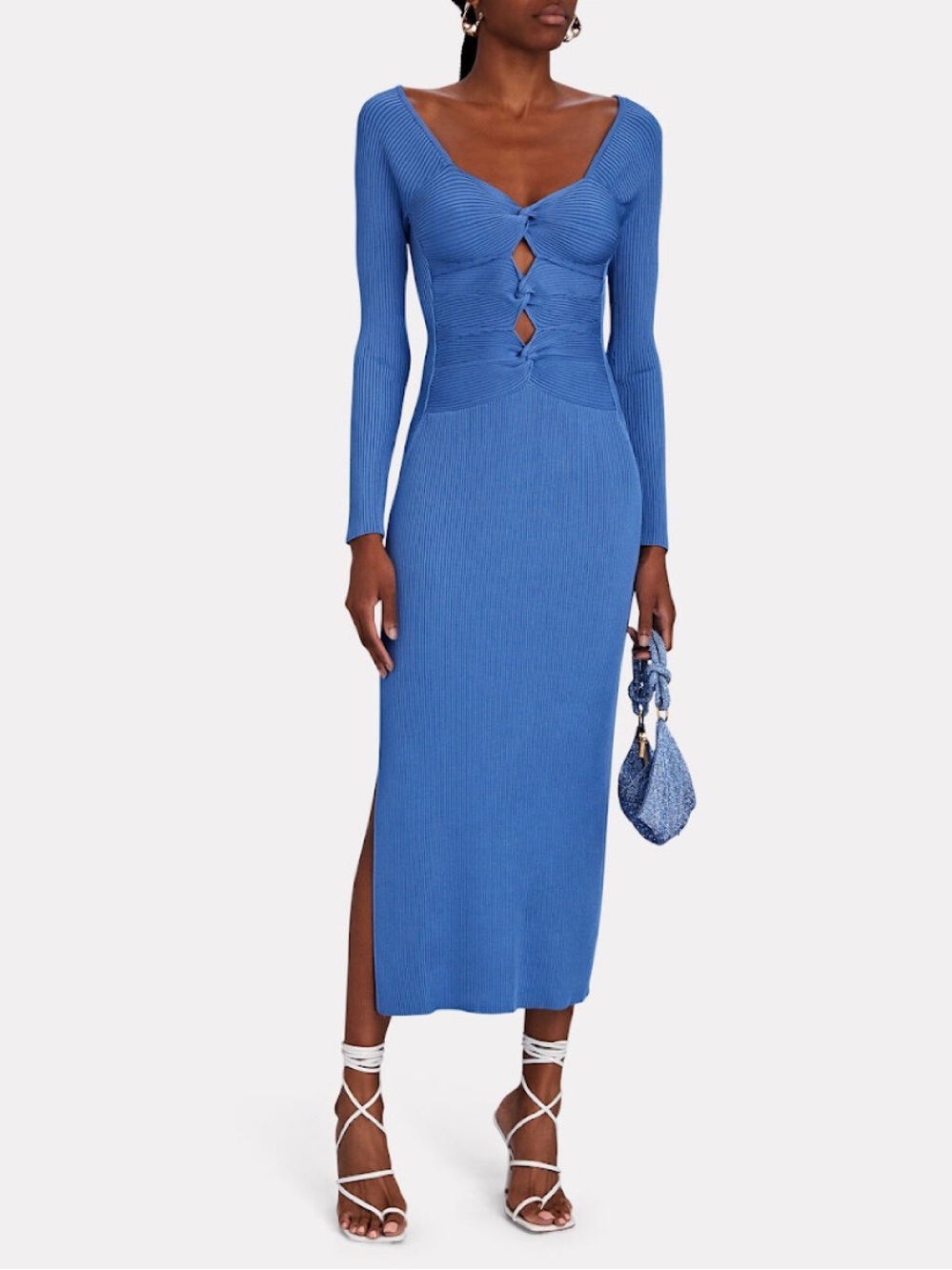 New Cult Gaia Melissa Sculpted Ribbed Long-Sleeve Midi Dress Blue Knit Bodycon